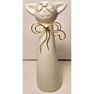 Decorative Sagebrook White Ceramic Cat Figurine w/Gold Wired Glasses, Tail,‎ Bow